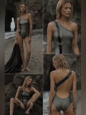 LENNY NIEMEYER Gunmetal Metallic One Shoulder Swimsuit Size Medium